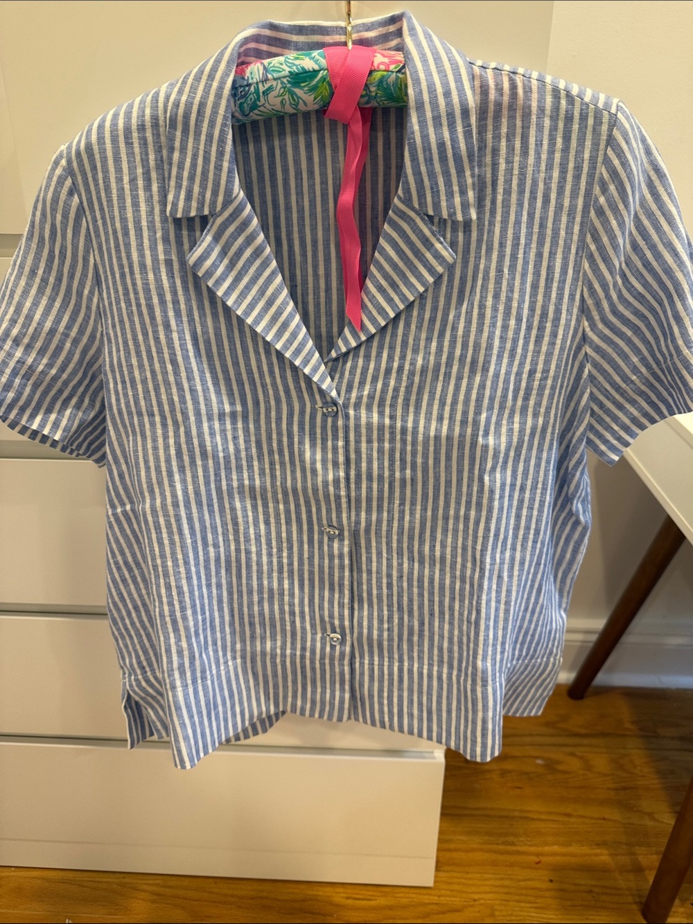 Blue and White Striped Short-Sleeve Women’s Shirt